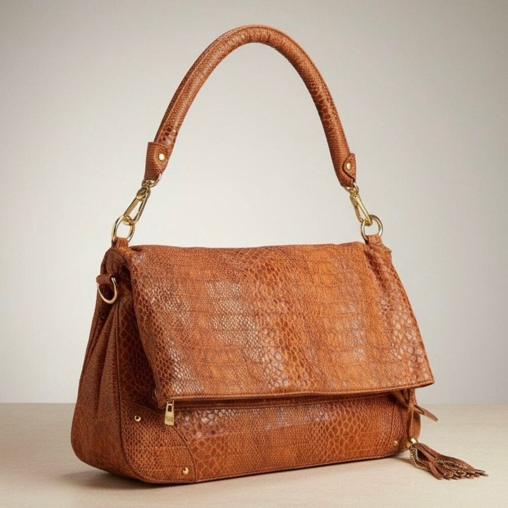 Joy Mangano Convertible Fold Over Clutch Expandable Drop Python Shoulder Bag